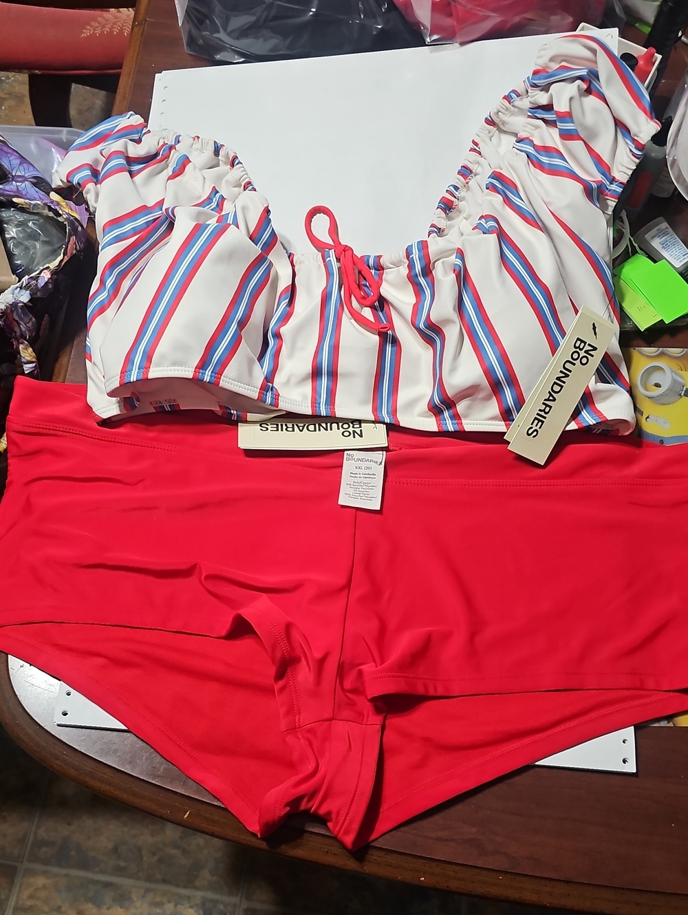 No Boundaries Red, White & Blue Striped Bandeau Swim Top with Red Boyshorts XXL